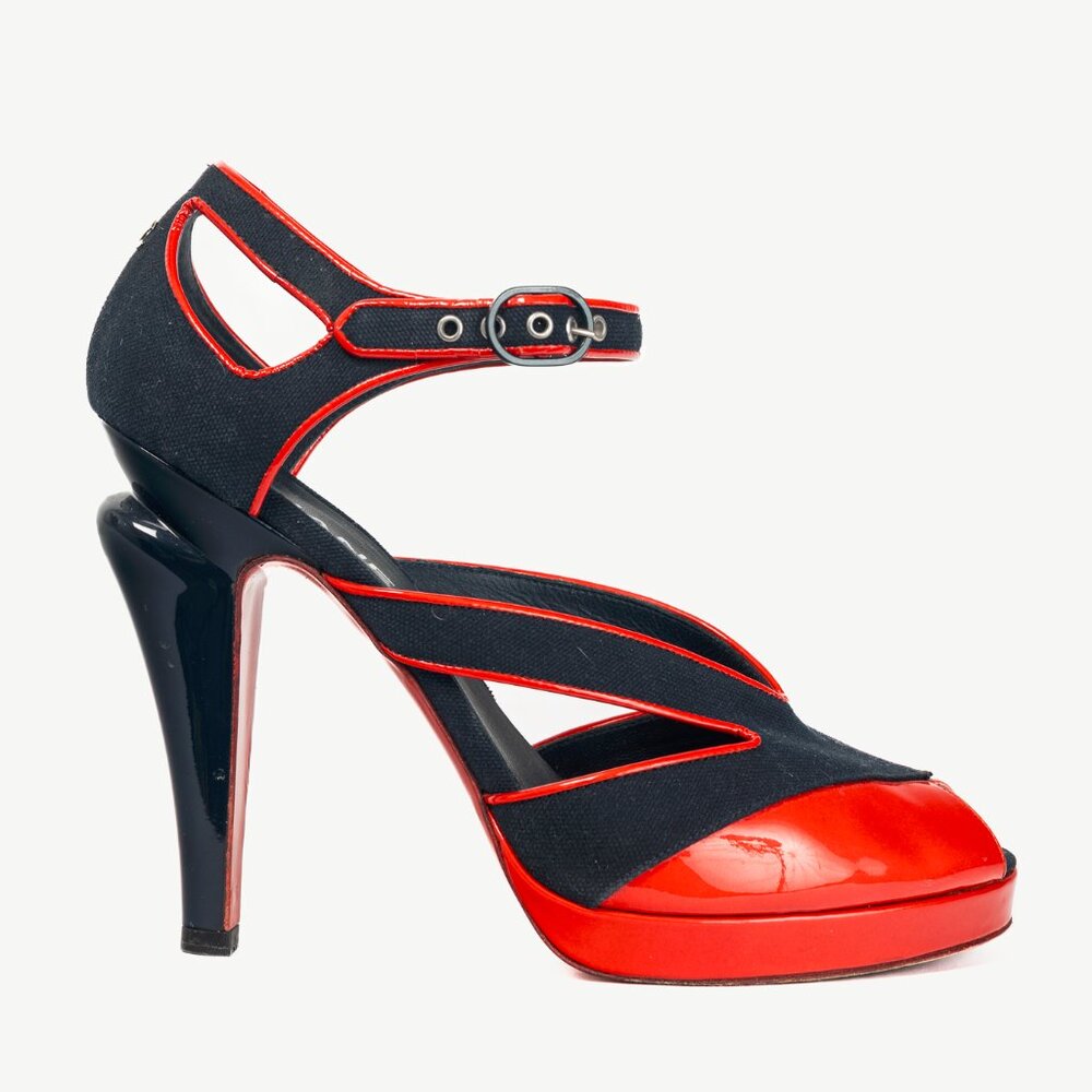 Chanel SS/08 Runway Navy Canvas & Red Patent Leather Sandals